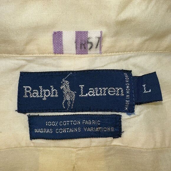 VTG Polo Ralph Lauren Solid Yellow Madras Shirt 100% Cotton Men's L Classic Fit - Picture 5 of 12